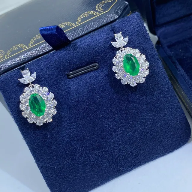 Oval Green Gemstone Halo Drop Earrings 4