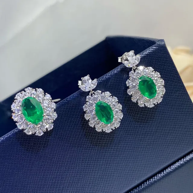 Oval Green Gemstone Halo Drop Earrings 5