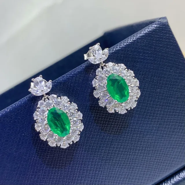 Oval Green Gemstone Halo Drop Earrings 6