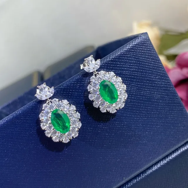 Oval Green Gemstone Halo Drop Earrings 7