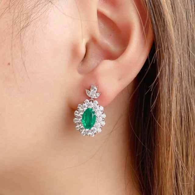 Oval Green Gemstone Halo Drop Earrings 8