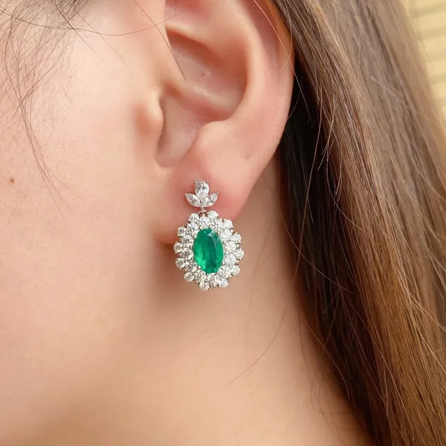 Oval Green Gemstone Halo Drop Earrings 9
