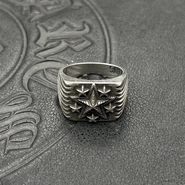 Oxidized Silver Winged Star Wide Band Ring 6