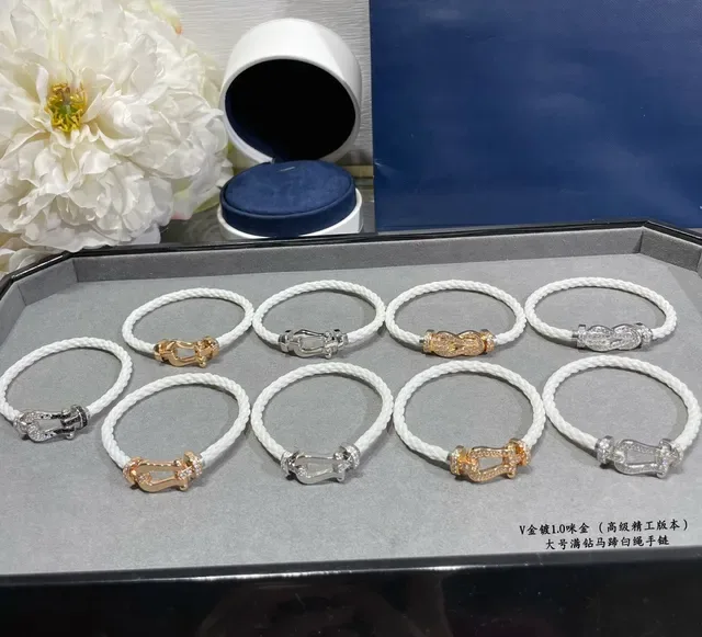 Pavé-Set Horseshoe-Clasp White Rope Cord Bracelets 4