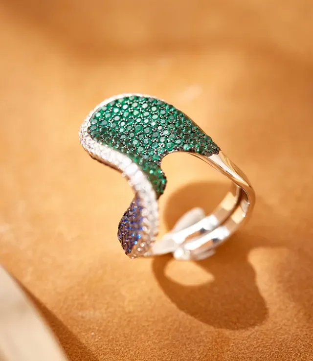 Pavé-Set Pink and White Gemstone Sculptural Wave Ring 3