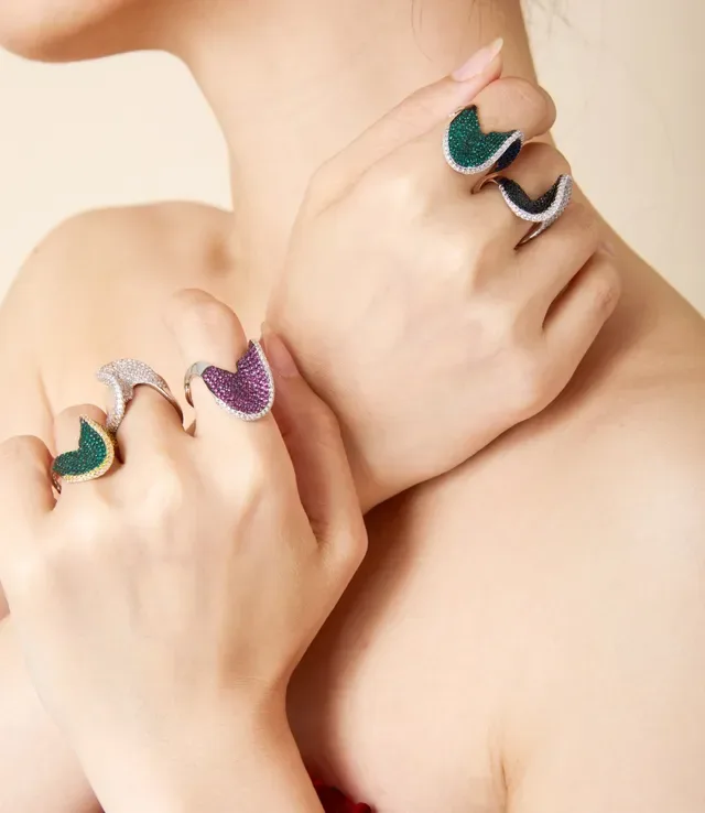 Pavé-Set Pink and White Gemstone Sculptural Wave Ring 5