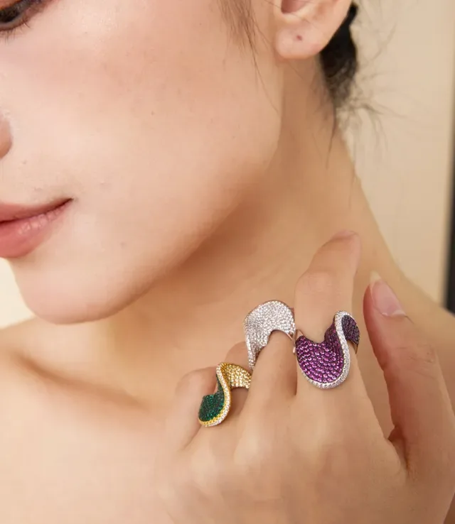 Pavé-Set Pink and White Gemstone Sculptural Wave Ring 8