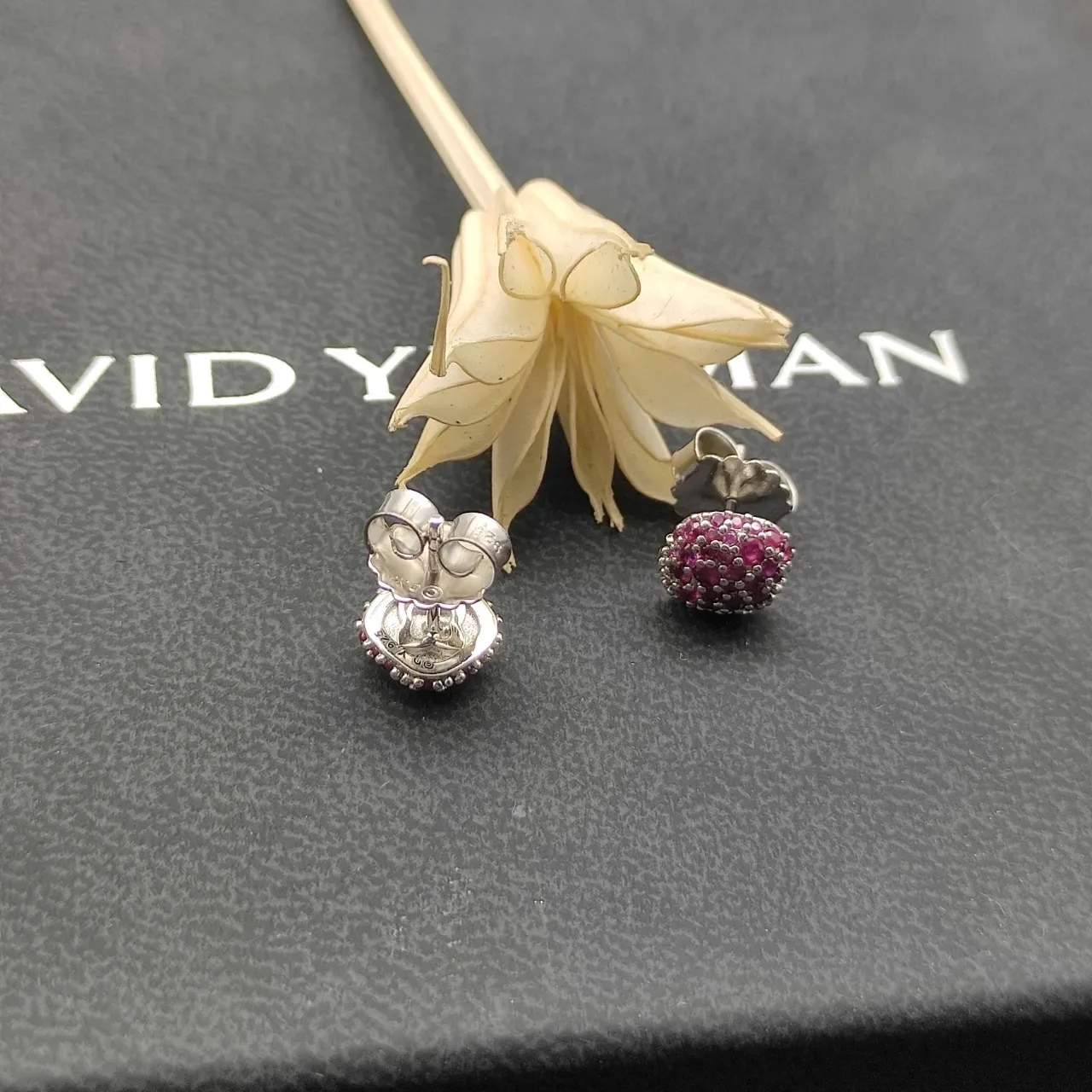 Pavé-Set Red Gemstone Cushion Stud Earrings 5