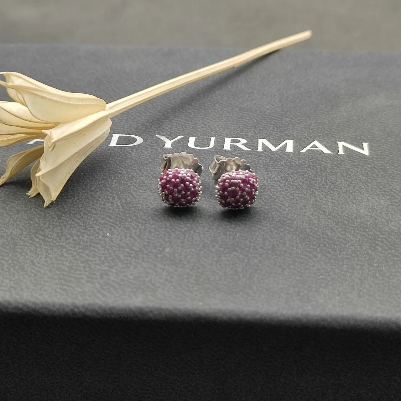 Pavé-Set Red Gemstone Cushion Stud Earrings 6