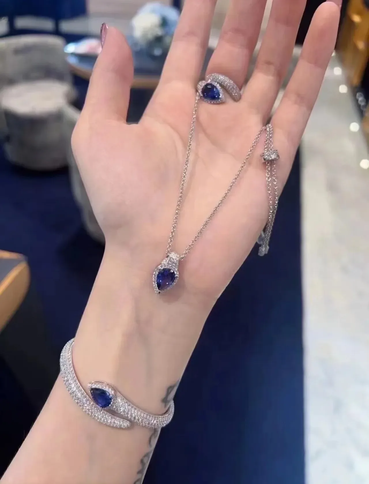 Pavé-Set Teardrop Blue Gemstone Open-Ended Bangle Bracelet 2