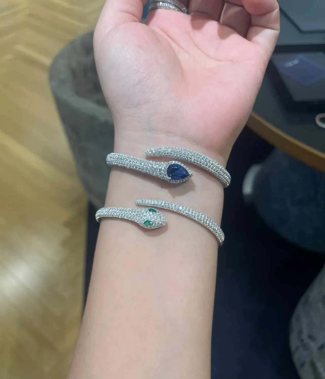 Pavé-Set Teardrop Blue Gemstone Open-Ended Bangle Bracelet 3