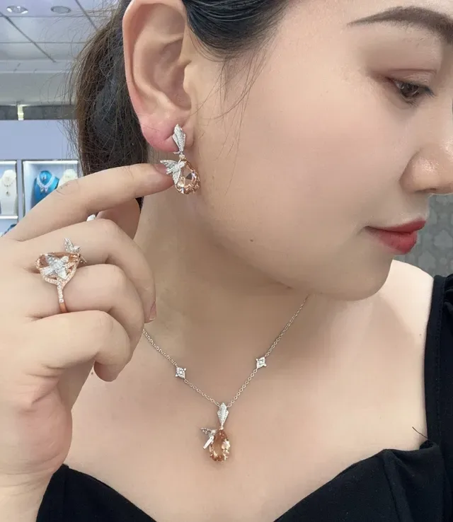 Pear-Shaped Peach Crystal Wing Accent Drop Earrings 4