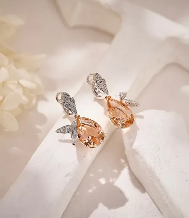 Pear-Shaped Peach Crystal Wing Accent Drop Earrings 5