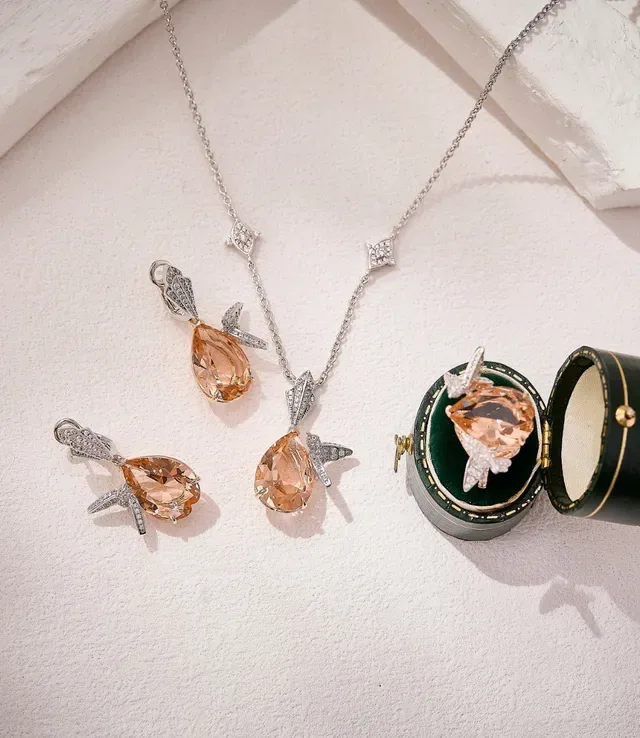 Pear-Shaped Peach Crystal Wing Accent Drop Earrings 6