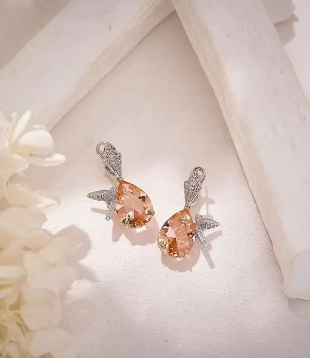 Pear-Shaped Peach Crystal Wing Accent Drop Earrings 8