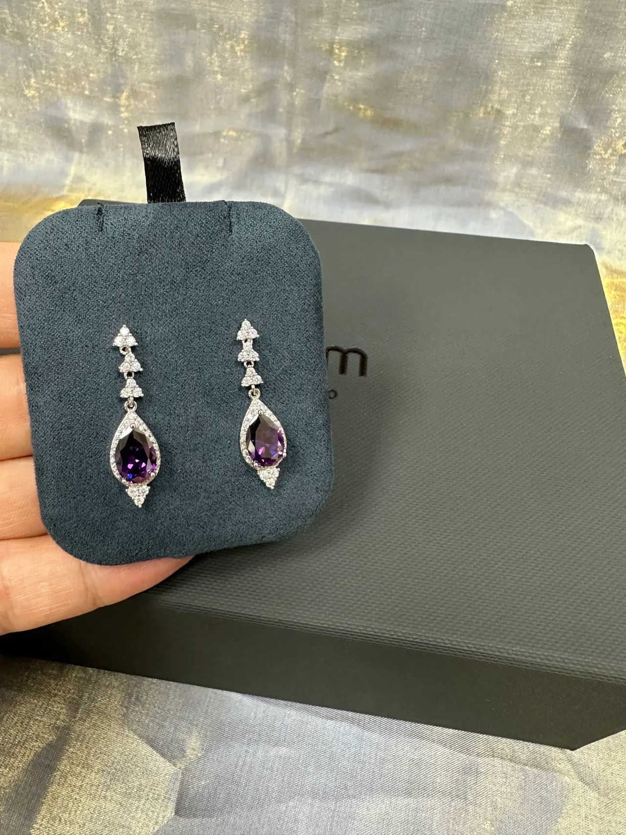 Pear-Shaped Purple Gemstone Pavé Drop Earrings 6