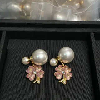 Pearl and Pink Enamel Clover Charm Drop Earrings