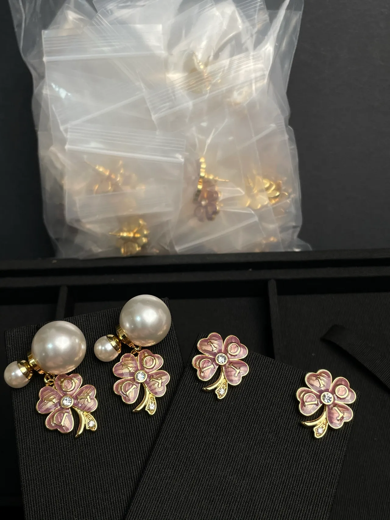 Pearl and Pink Enamel Clover Charm Drop Earrings 2