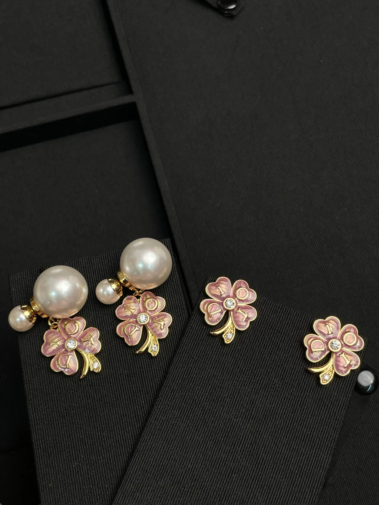 Pearl and Pink Enamel Clover Charm Drop Earrings 3