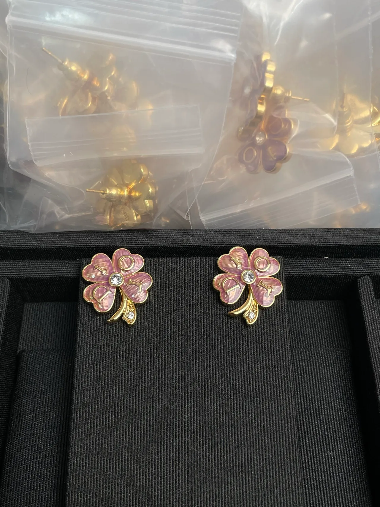 Pearl and Pink Enamel Clover Charm Drop Earrings 5
