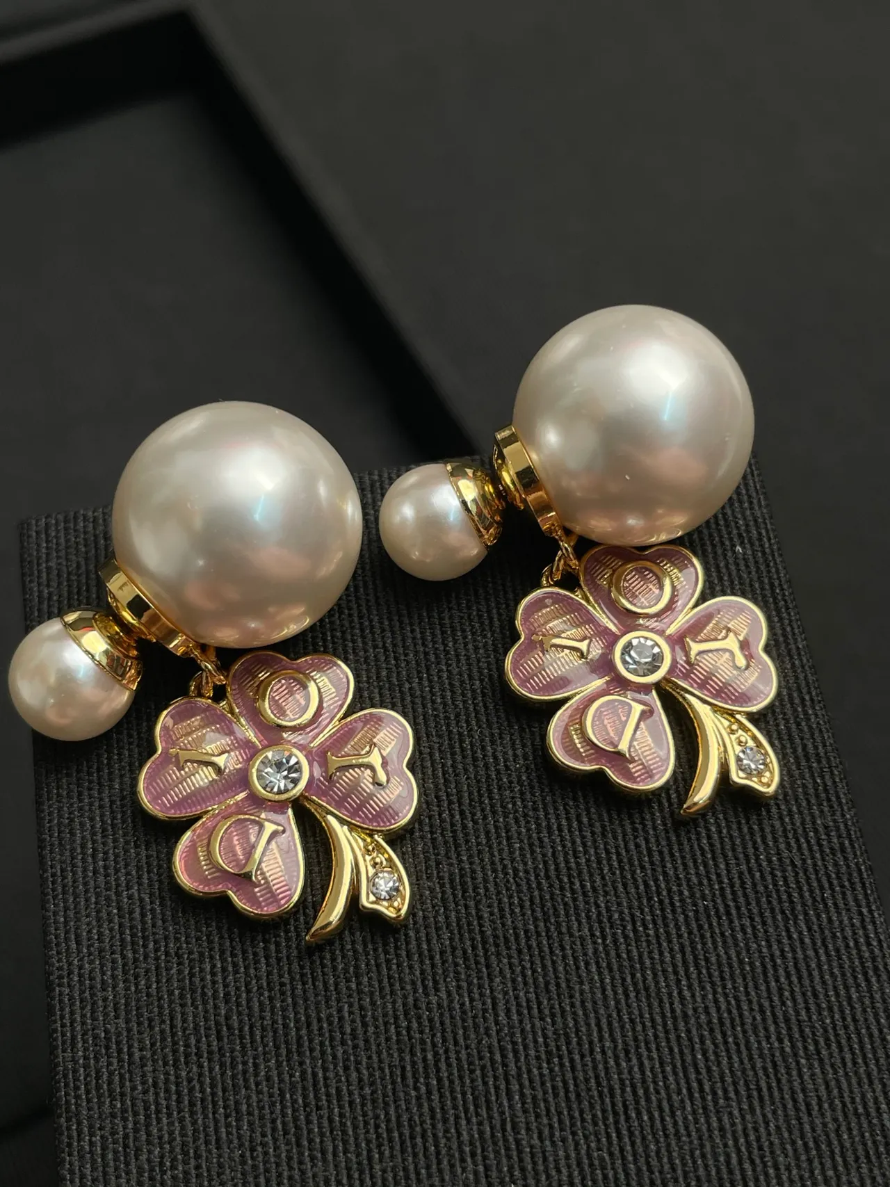 Pearl and Pink Enamel Clover Charm Drop Earrings 7