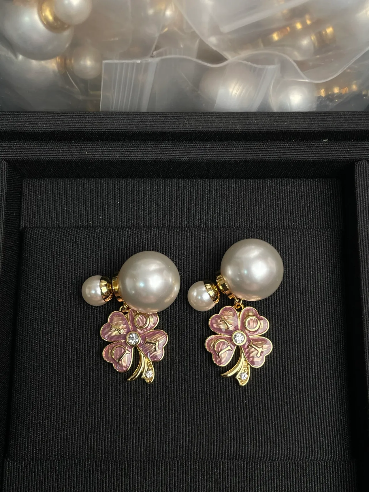 Pearl and Pink Enamel Clover Charm Drop Earrings 8