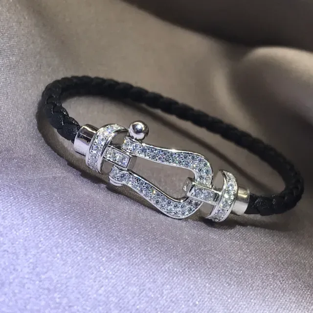 Pink and Brown Braided Leather Pave-Crystal Buckle Bracelets 2