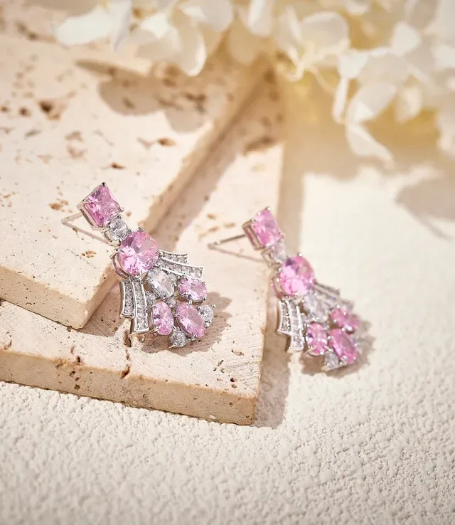 Pink and Clear Gemstone Fan-Dangle Earrings 2