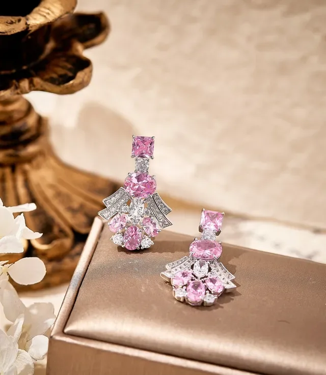 Pink and Clear Gemstone Fan-Dangle Earrings 3
