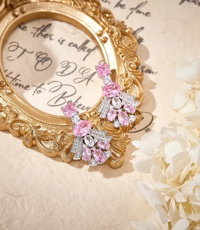 Pink and Clear Gemstone Fan-Dangle Earrings 4