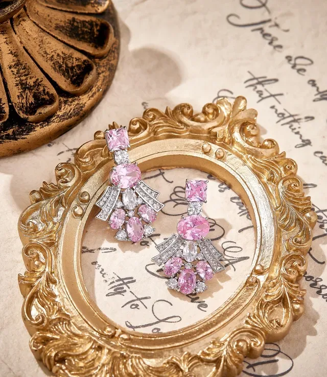 Pink and Clear Gemstone Fan-Dangle Earrings 5
