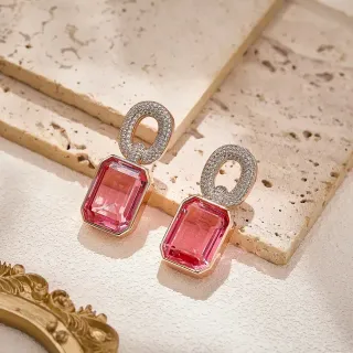 Pink Gemstone and Pave-Diamond Drop Earrings