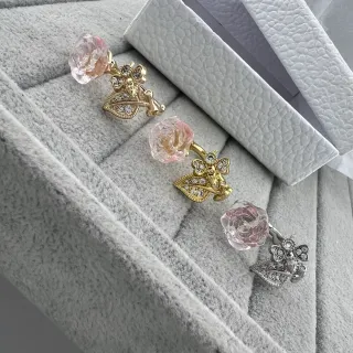 Pink Gold Rose-Shaped Cabochon Butterfly Motif Earrings