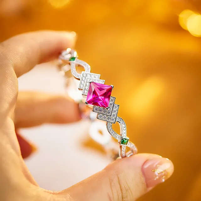 Pink Square-Cut Gemstone and Pavé Diamond Geometric Bracelet 2
