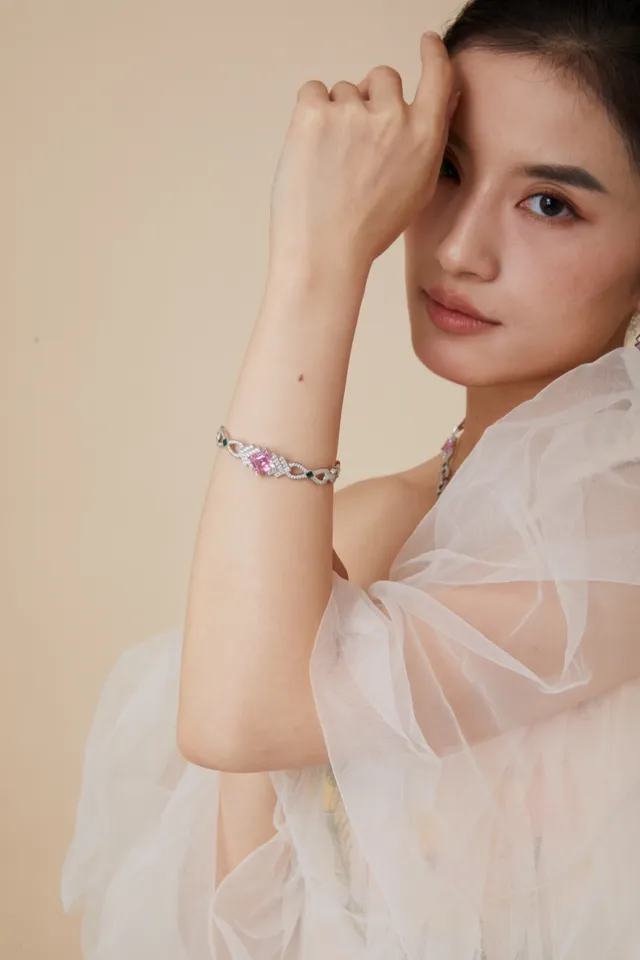 Pink Square-Cut Gemstone and Pavé Diamond Geometric Bracelet 5
