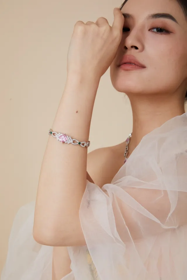 Pink Square-Cut Gemstone and Pavé Diamond Geometric Bracelet 6