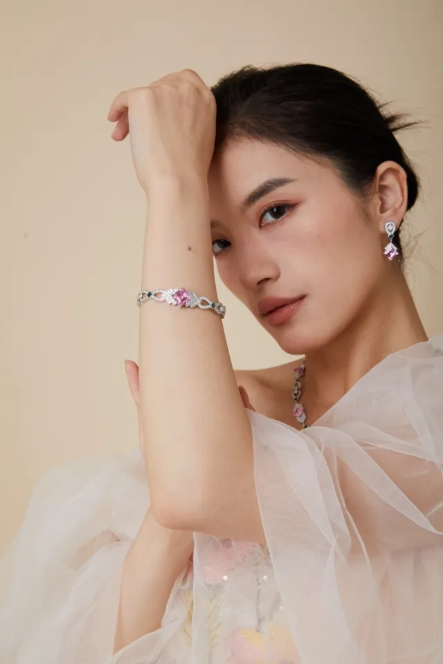 Pink Square-Cut Gemstone and Pavé Diamond Geometric Bracelet 7
