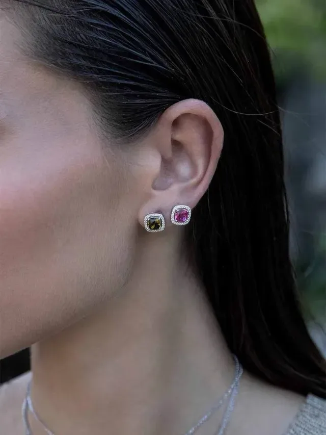 Pink Square-Cut Halo Stud Earrings 2