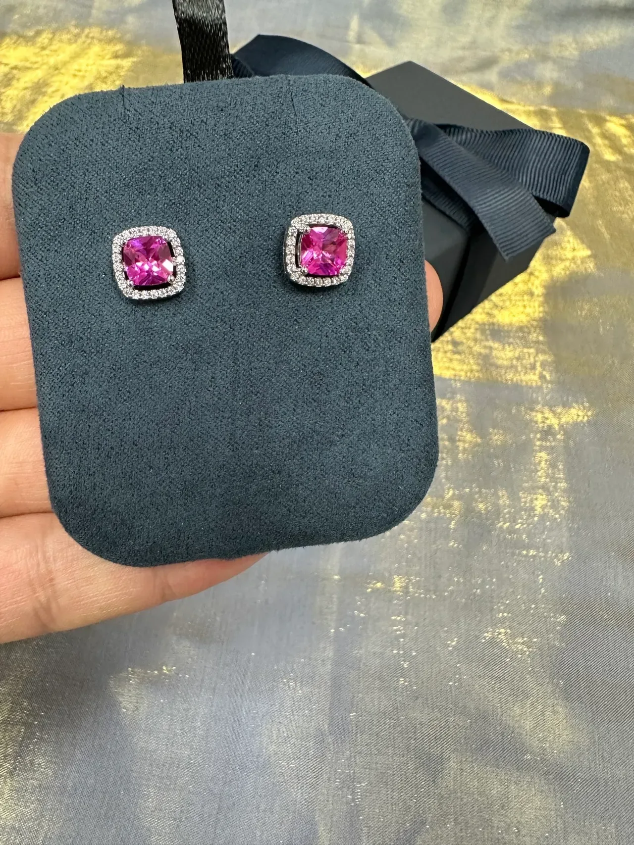 Pink Square-Cut Halo Stud Earrings 6