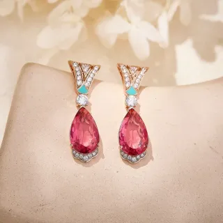 Pink Teardrop Gemstone and Turquoise Enamel Drop Earrings