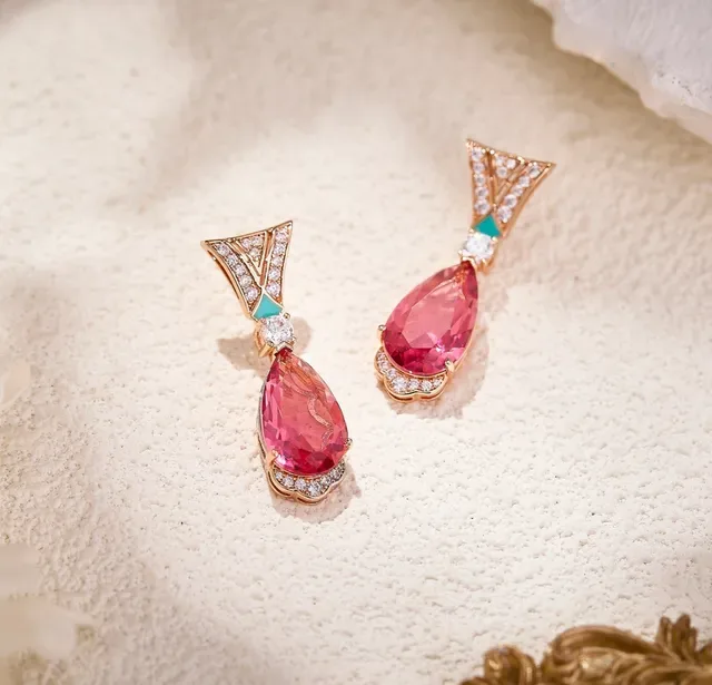 Pink Teardrop Gemstone and Turquoise Enamel Drop Earrings 5