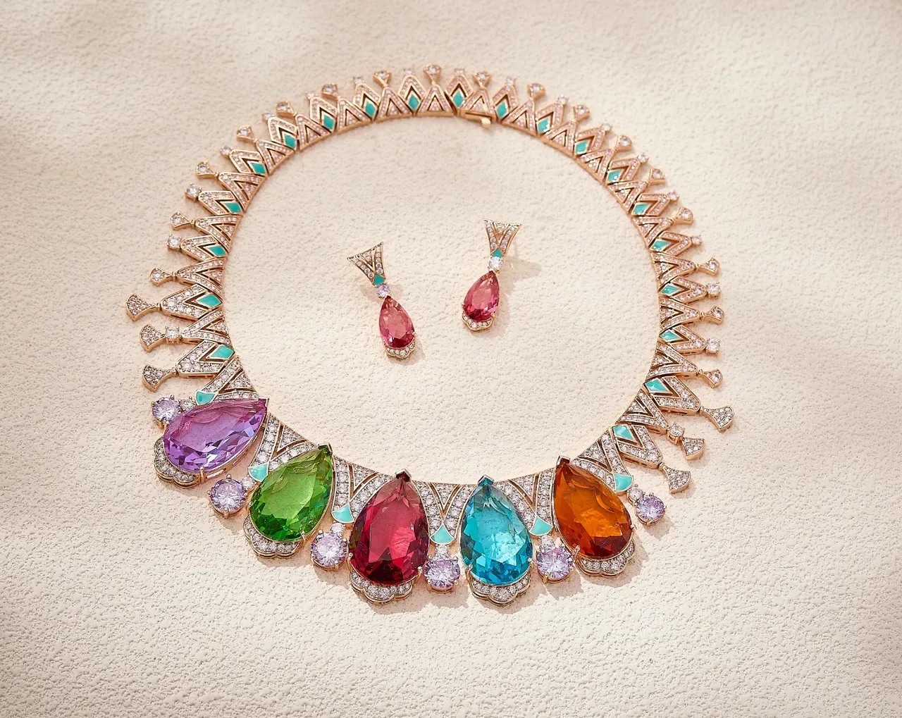 Pink Teardrop Gemstone and Turquoise Enamel Drop Earrings 6