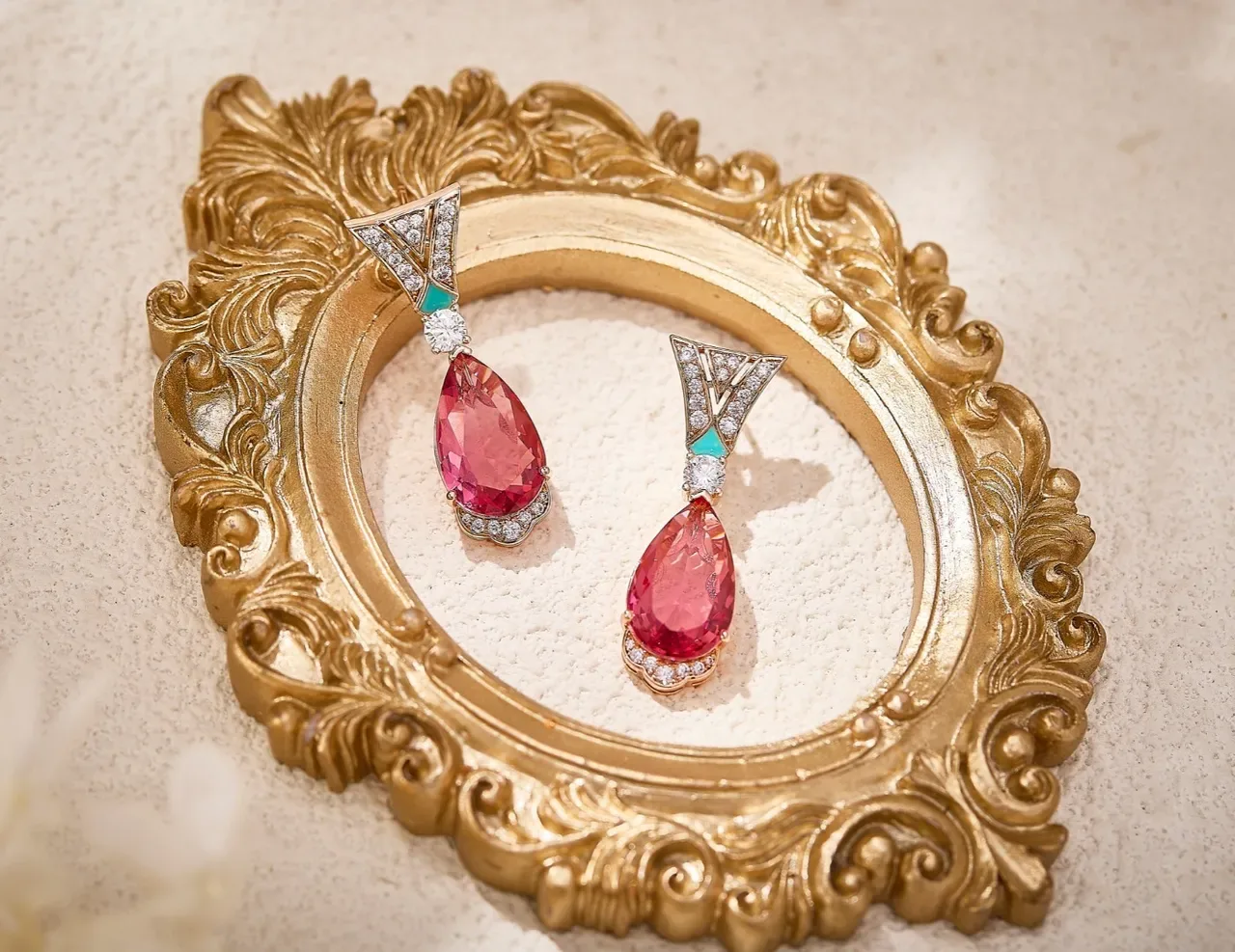 Pink Teardrop Gemstone and Turquoise Enamel Drop Earrings 7