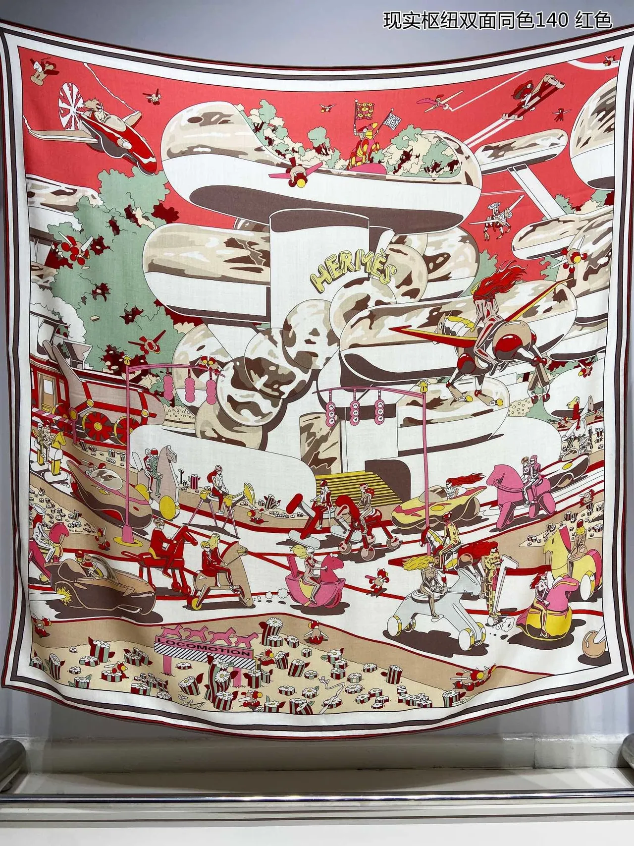 Printed Cartoon Motif Double-Faced Red Silk Scarf 4