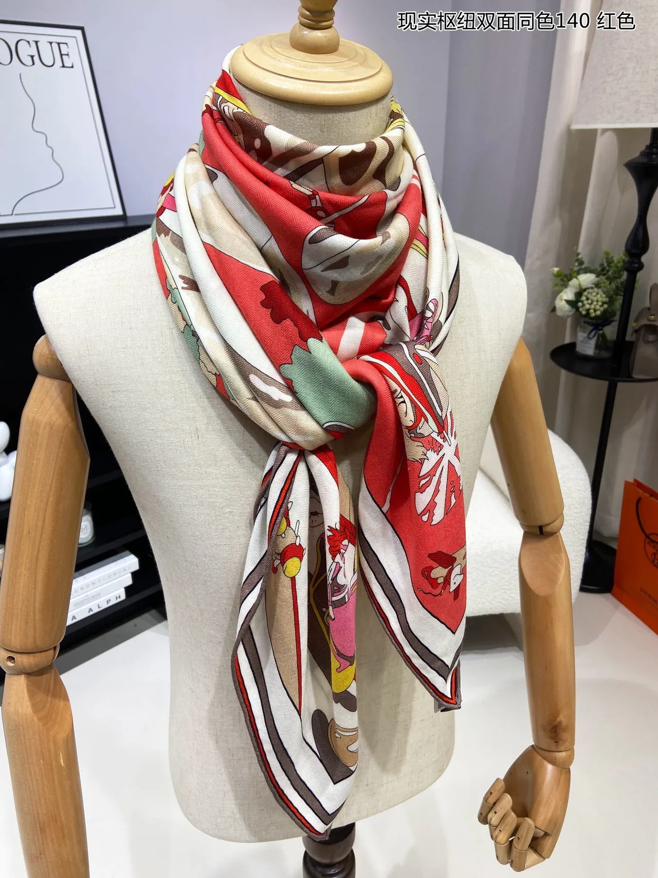 Printed Cartoon Motif Double-Faced Red Silk Scarf 5
