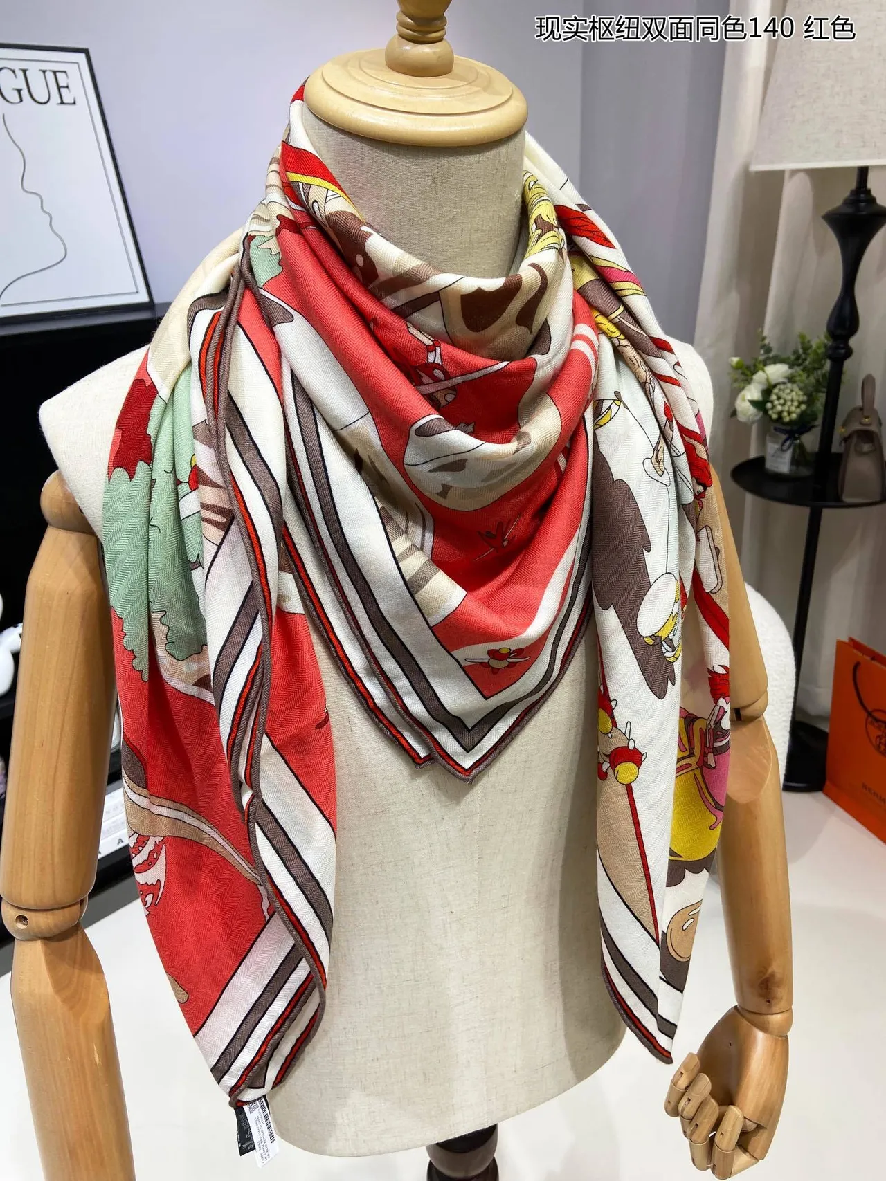 Printed Cartoon Motif Double-Faced Red Silk Scarf 6