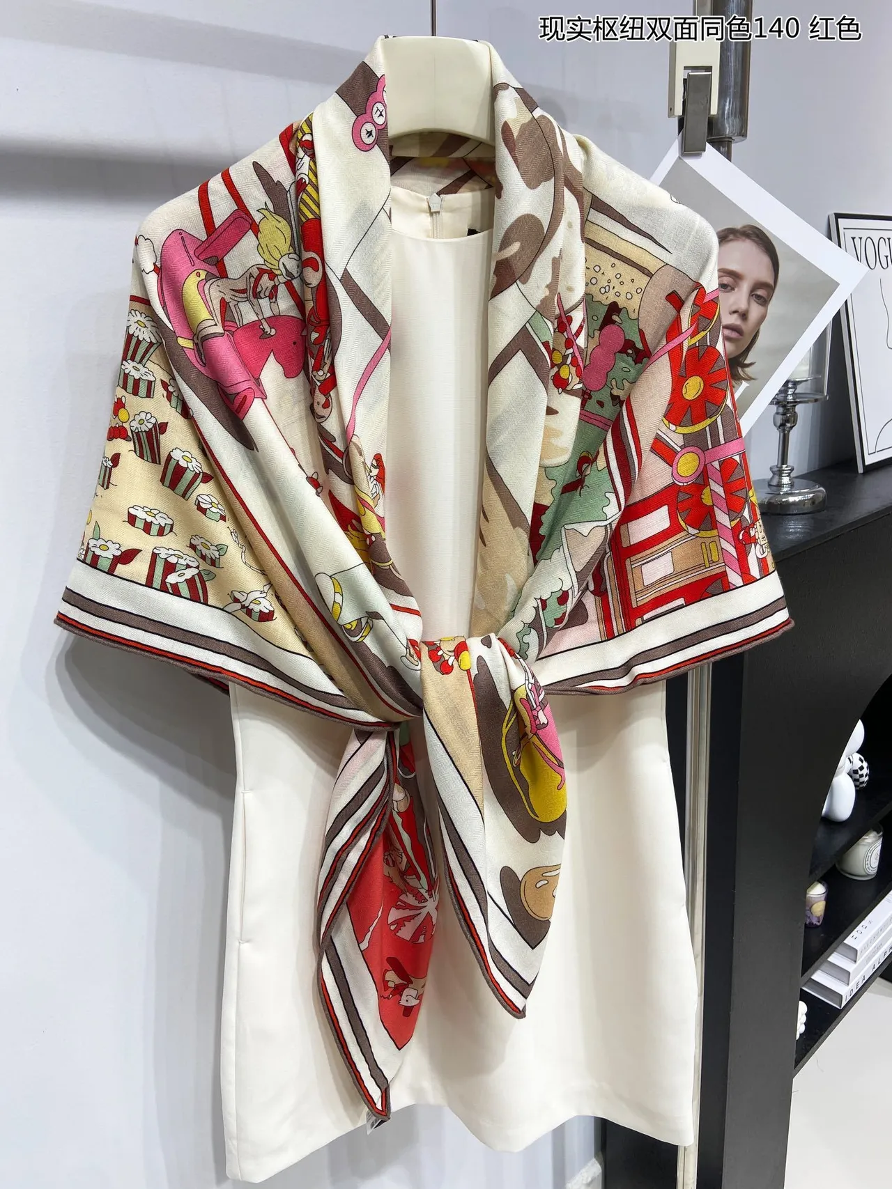 Printed Cartoon Motif Double-Faced Red Silk Scarf 8