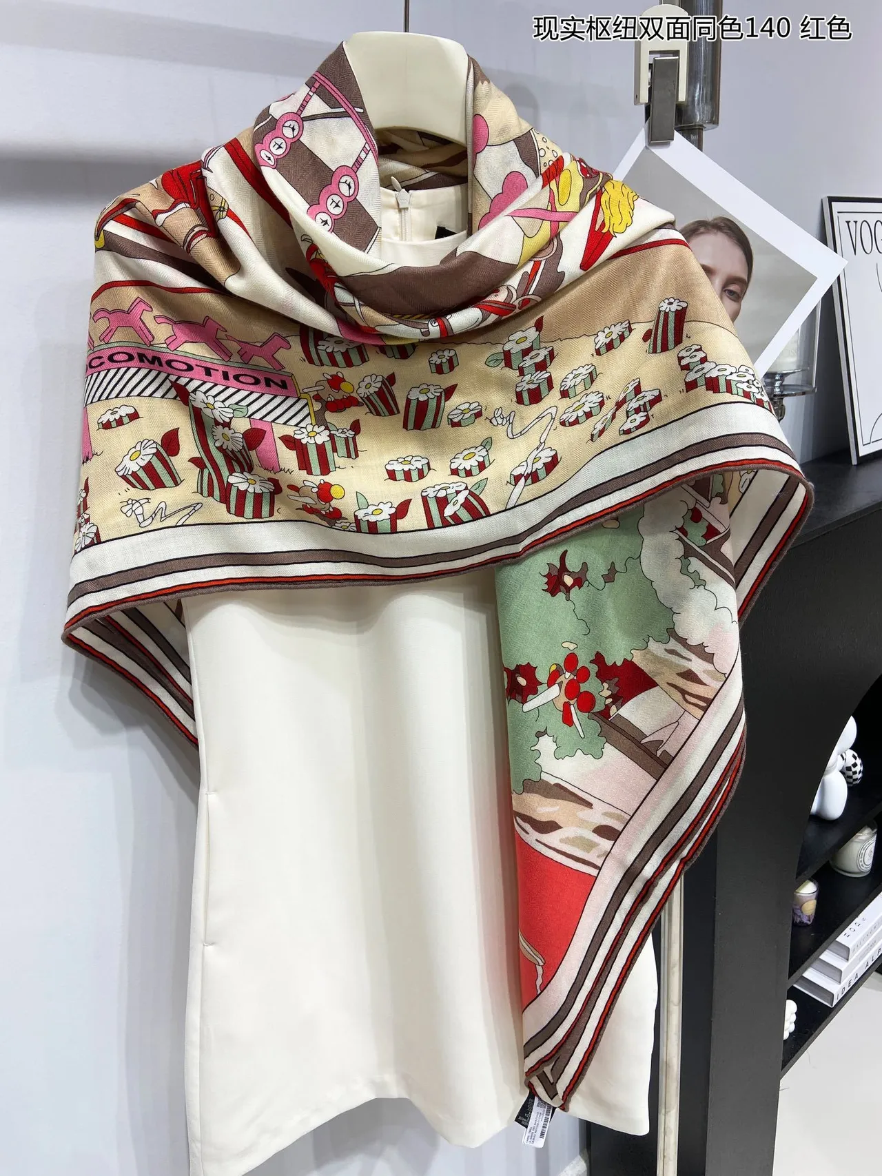 Printed Cartoon Motif Double-Faced Red Silk Scarf 9