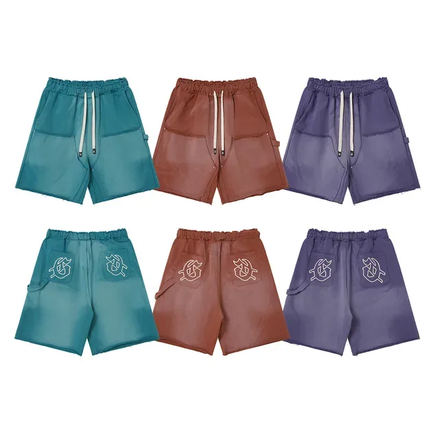 Purple Blue Elastic Waist Patch Pockets Shorts 2