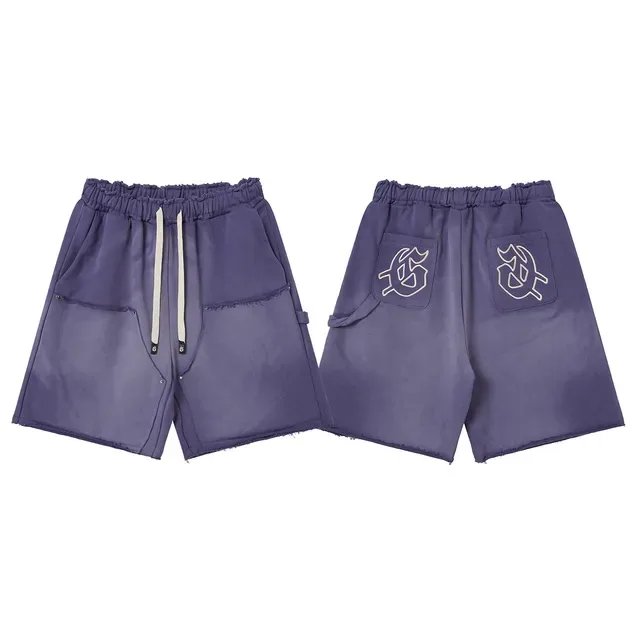 Purple Blue Elastic Waist Patch Pockets Shorts 4